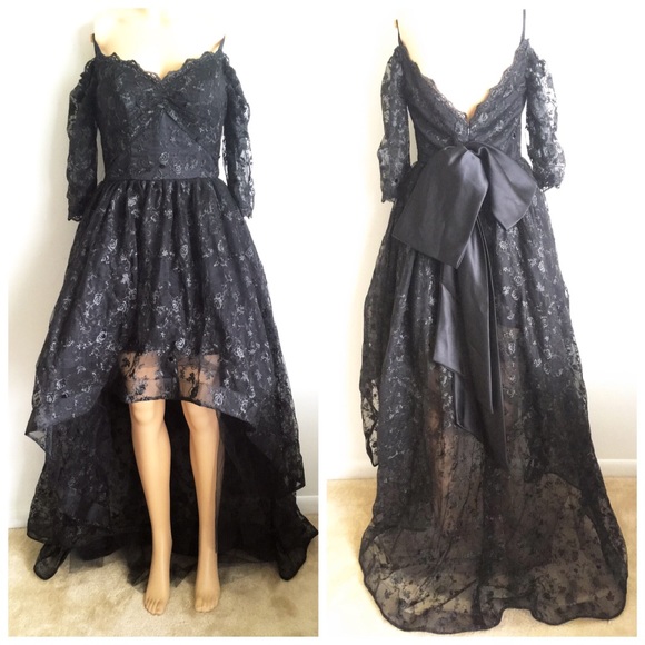 Vintage Dresses & Skirts - VTG 80s High Low Lace Gothic Black Wedding Dress S